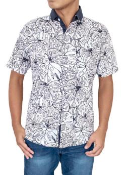 Gudang Fashion - Male Slimfit Batik Short Sleeve-Putih-XL