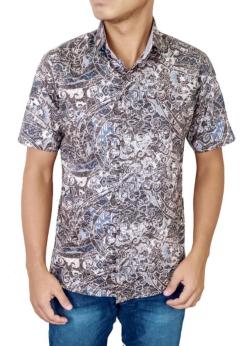 Gudang Fashion - Kemeja Batik Pria Slimfit Pendek-Abu-XL