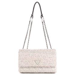 Guess Cessily Tweed Flap Over Crossbody Bag- White