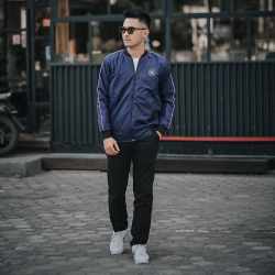 Mars Fashion - Jaket Bomber Pria Two Line Navy Ukuran XL