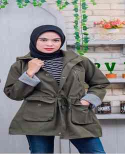 Mars Fashion - Jaket Parka Wanita Canvas Zipper Hijau
