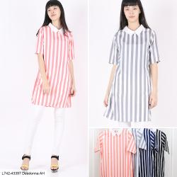 Dessdona Atasan Kemeja Kerah Wanita Bahan Crape Salur Motif Garis-Garis - Hitam