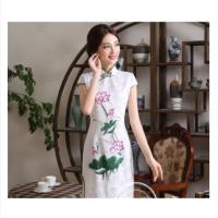 Dress Cheongsam Midi Lengan Pendek Motif Bunga Teratai Untuk Wanita/tahun Baru Cina , Ada Ukuran Besar(SP)