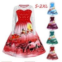 Wanita Ladies Fashion Lace Lengan Panjang Natal Salju Cetak Vintage Swing Dress