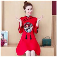 Women Plus Size Red Embroidery Cheongsam Dress Casual Dinner Party Long Sleeve A-line Midi Dresses(SP)