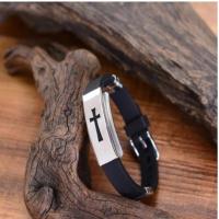 Men Fashion Silver Cross Stainless Steel Black Rubber Bracelet Bangle Wristband KKQ